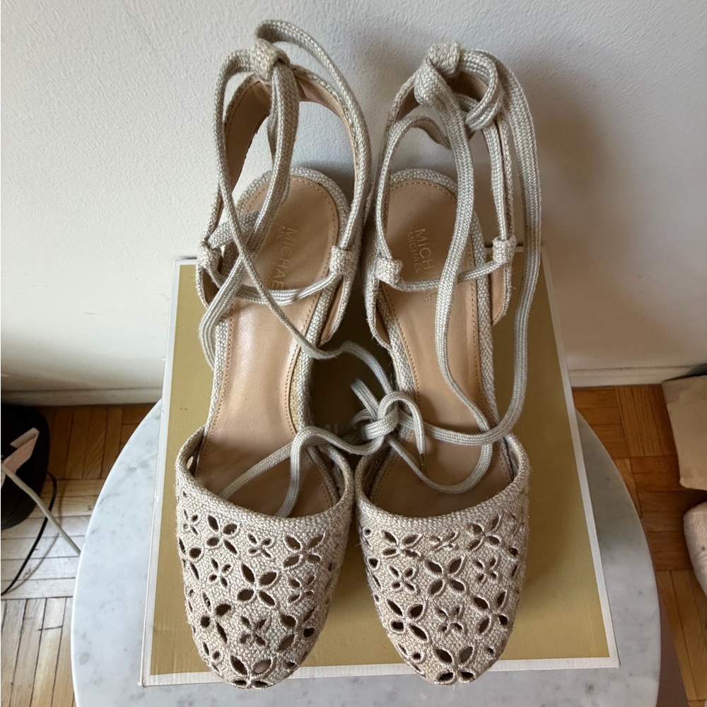 Michael Kors Natural Beige Woven Cotton Espadrille Wedge Sandals - Picture 5 of 6